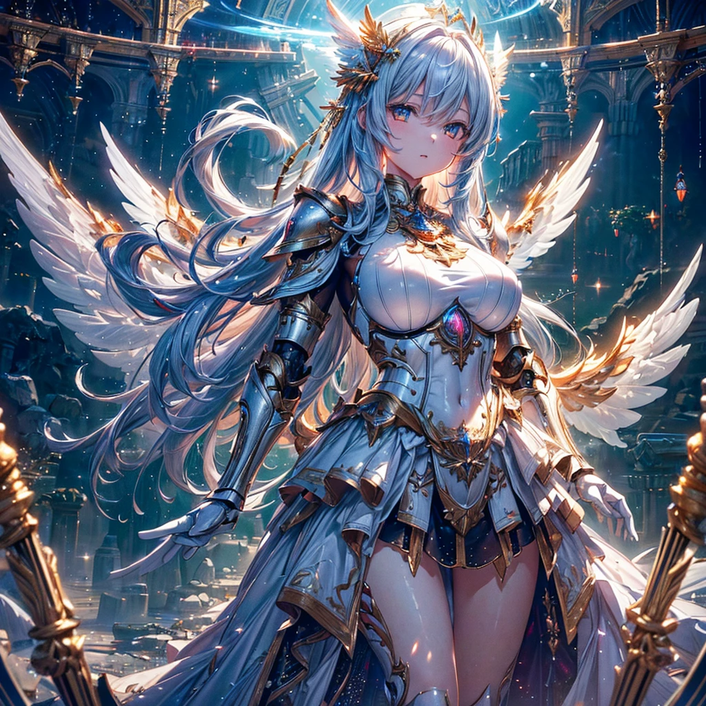 masterpiece, 8K wallpaper incorporating highly detailed CG, 8K Ultra HD, Digital SLR, high quality, clean, ((A goddess in white mechanical armor with large wings, godly aura, magic, fly in the sky)), Glowing Eyes, Cinema Lighting, 超High resolution, 超High resolution, High resolution,Huge golden halo
