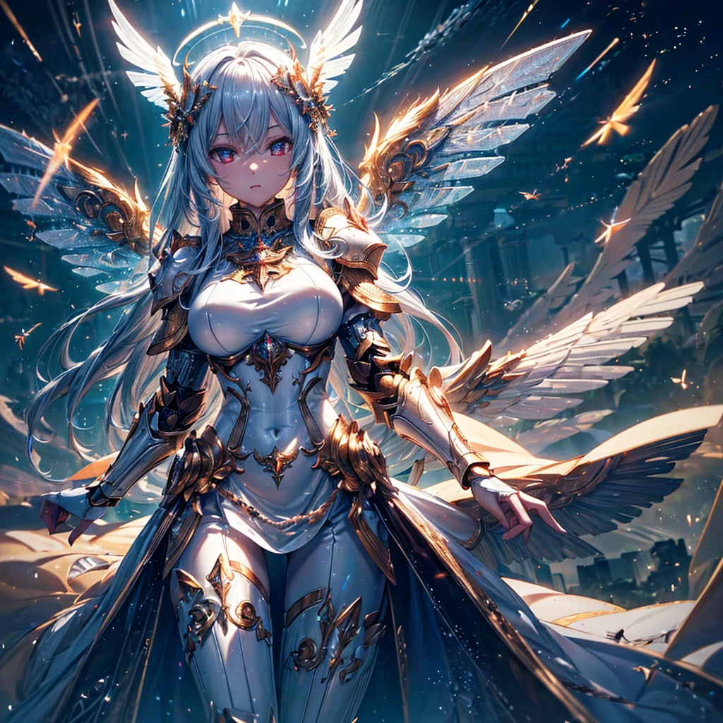 masterpiece, 8K wallpaper incorporating highly detailed CG, 8K Ultra HD, Digital SLR, high quality, clean, ((A goddess in white mechanical armor with large wings, godly aura, magic, fly in the sky)), Glowing Eyes, Cinema Lighting, 超High resolution, 超High resolution, High resolution,Huge golden halo