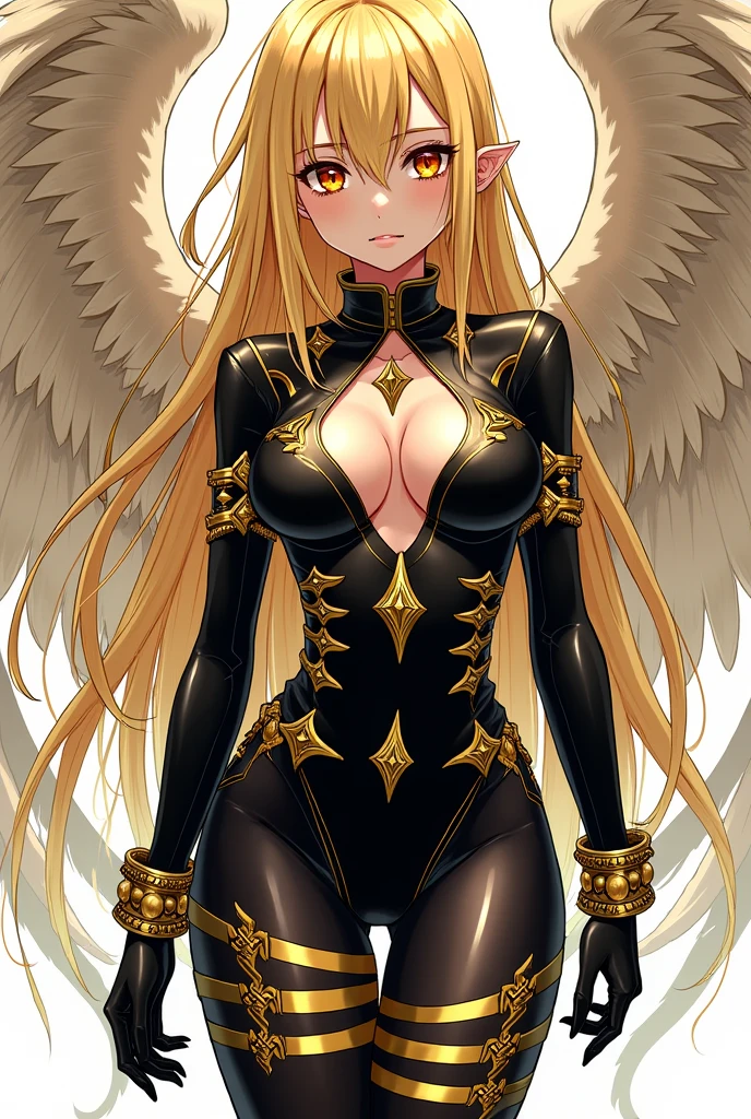 Make pictures for me: manga panel, a young angel with long golden-blonde hair and orange eyes with yellow crosses in the middle of them wearing an ornate ebony bodysuit with gold details and a cutout-style chest design. A golden diamond is centered on the lower sternum, with two gold stripes running down below the chest cutout. The stripes continue downwards until they join the hip decorations.. Along the hips are ornate golden stripes, adorned with three belts that wrap around their tendons. On the feet, she wears high heels with gold-rimmed collars. Dark bracers covered in gold ornamentation protect your hands