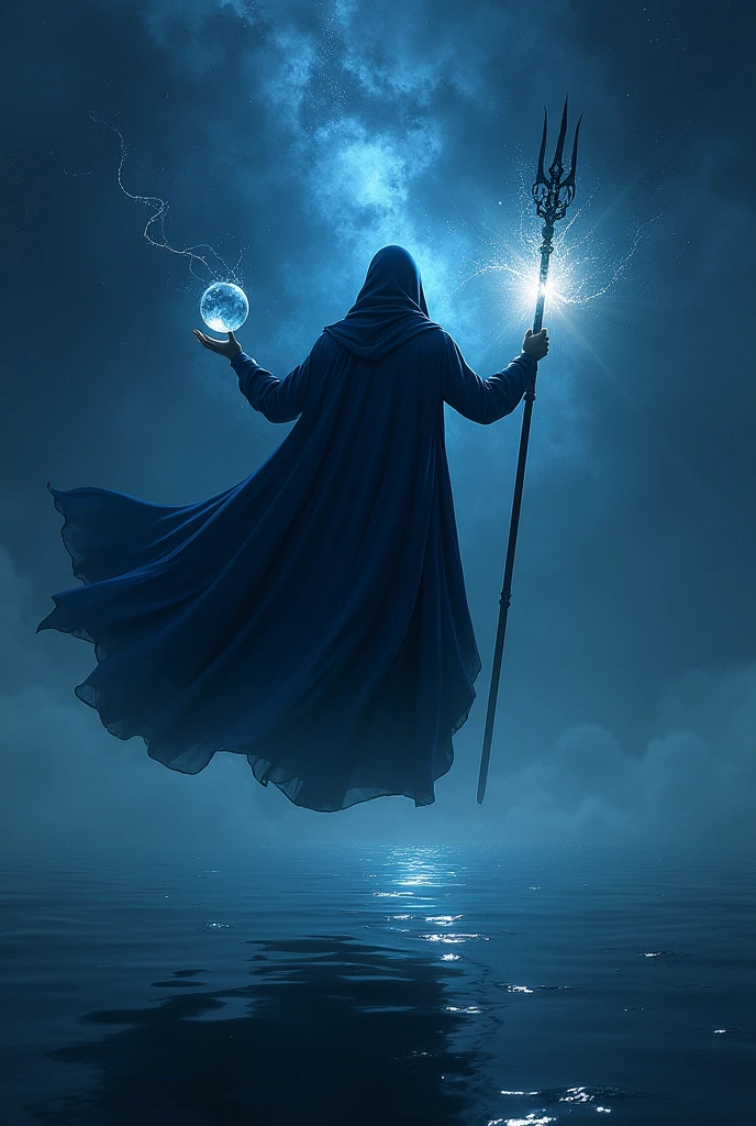 Show a man in a dark blue cape floating in the ocean at night with a starry sky, holding a crystal ball in his right hand and a trident in his left hand