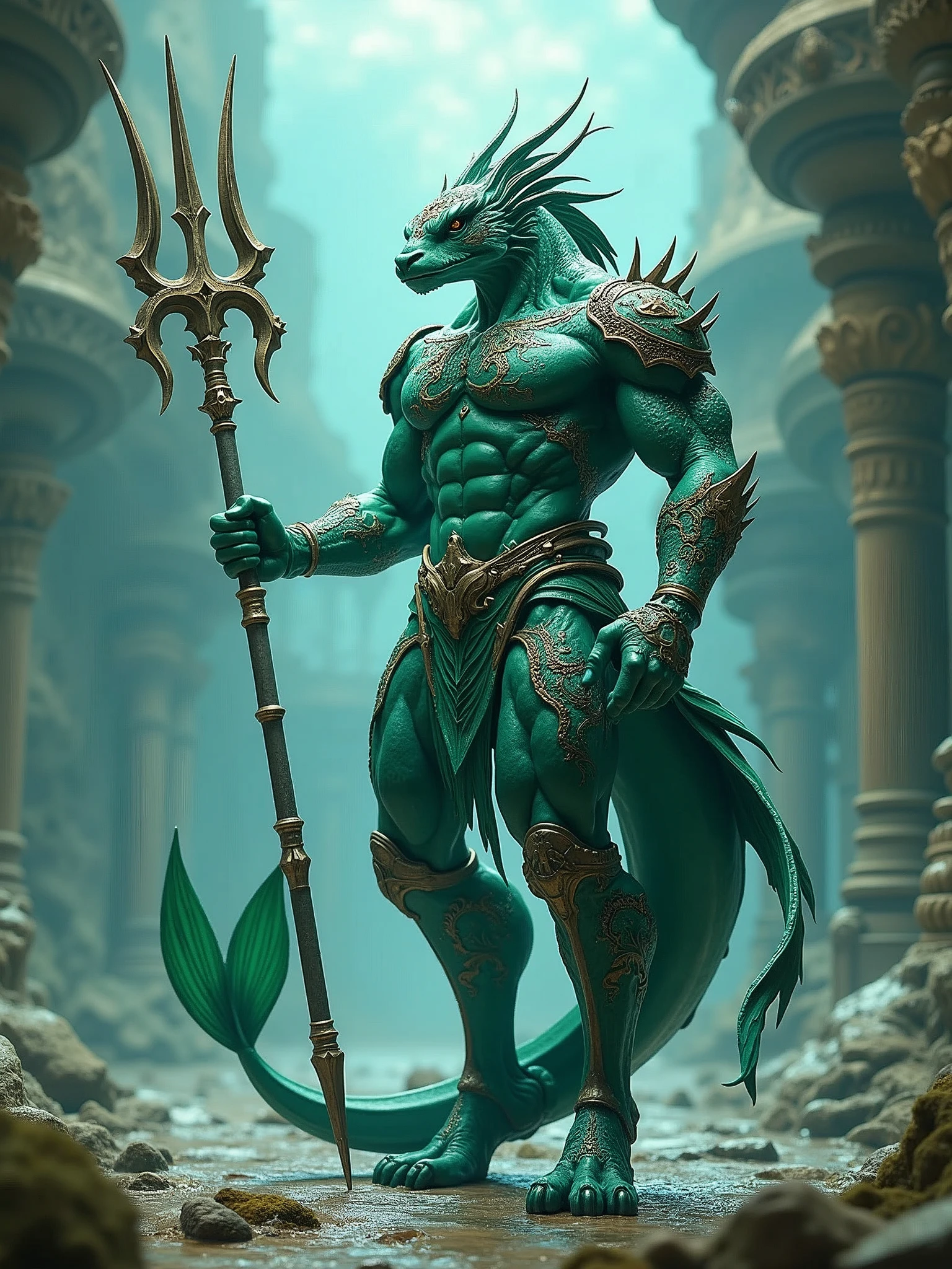 Fish man, aqua green armor, trident, biped, large fish tail, aquatic palace, intricate, 8k, very detailed, perfect, no mutations.