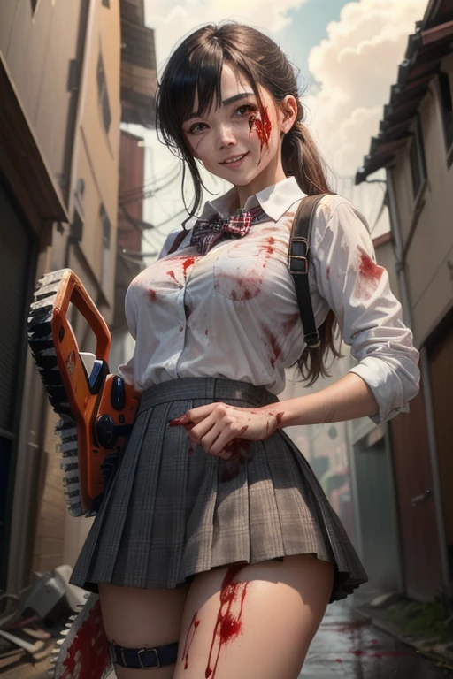 Cinematic style image ((4K quality)), ((masterpiece)), ((ultra realism 1.3)), (( 1 girl)), Japanese sexy girl (stained with blood all over her body) dressed as a schoolgirl, (with a short skirt with a gray and red checkered design) 1.2), with a white button-down shirt with a black bow on the collar, with long black stockings, ((holding a blood-stained chainsaw in his hands)), his face with an expression of joy with a macabre smile, looking at the camera in an alley (with Asian infrastructure), and the cloudy sky 