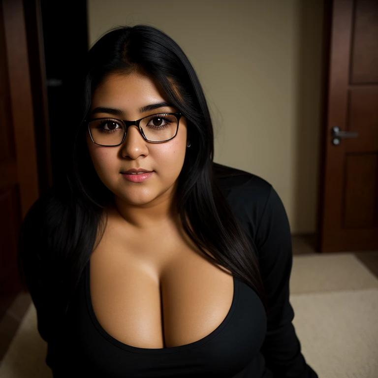 beautiful detailed, cute face, short, mexican teen, slightly chubby, medium black hair, black hair over one eye, glasses, long sleeve T-shirt, long pants, pearshaped wide hips, solo, voluptuous breasts,