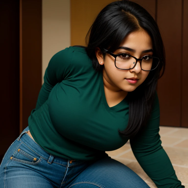 beautiful detailed, cute face, short, mexican teen, slightly chubby, medium black hair, black hair over one eye, glasses, long sleeve T-shirt, long pants, pearshaped wide hips, solo, voluptuous breasts,