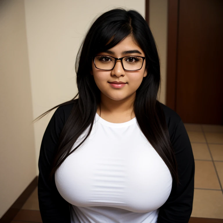 beautiful detailed, cute face, short, mexican teen, slightly chubby, medium black hair, black hair over one eye, glasses, long sleeve T-shirt, long pants, pearshaped wide hips, solo, voluptuous breasts,