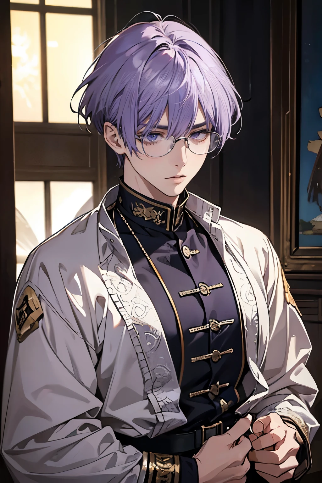 male性、soldier、uniform、knight、soldier、Western style、Europe、Western、antique、Light purple hair color、Short Bob、Glasses、intellectual、cold、masterpiece、High resolution、Expressionless、delicate、20-year-old、beautiful、male、youth、Seems mean