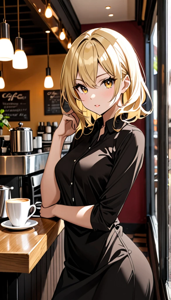 Beautiful and blond, cafe, wearing black, free arms, looking seductively at the viewer 