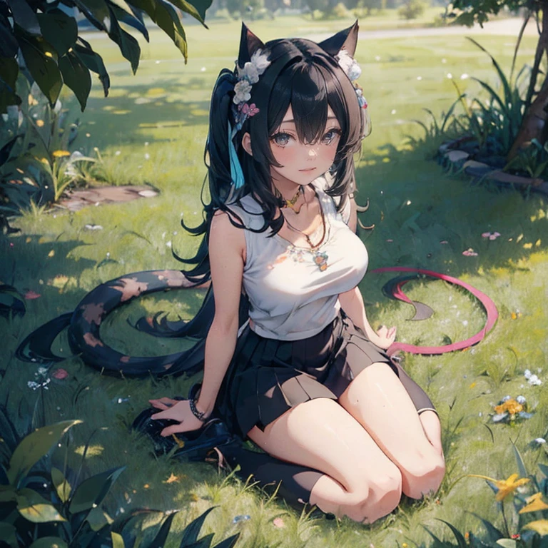 sexy dog girl, nsfw, ((dog collar)), ((dog ears)), ((wagging dog tail)), ((((extremely excited and happy and crazy expression)))), sitting outside at a park (dynamic lighting), (((provocative pose))), ((full body)), small breasts, wearing tight shorts, see-through white crop top (loose), nipples, sweating, (((steamy atmosphere))), 8k, UHD, masterpiece, vibrant colors, intricate background, warm atmosphere, light streaming through trees