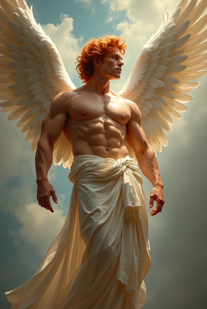 a painting of an angel man, with a beautiful face,((muscular man body, Sculptural body, strong,shapely and muscular legs)), ((red haired angel)), ((with several huge wings)), ((Angel wings)), Various positions, Full body man, Frank Kelly Freas, Estilo Karol Bak, Best Quality,32k ultra quality, parade paper quality, movie image, Classic 8K