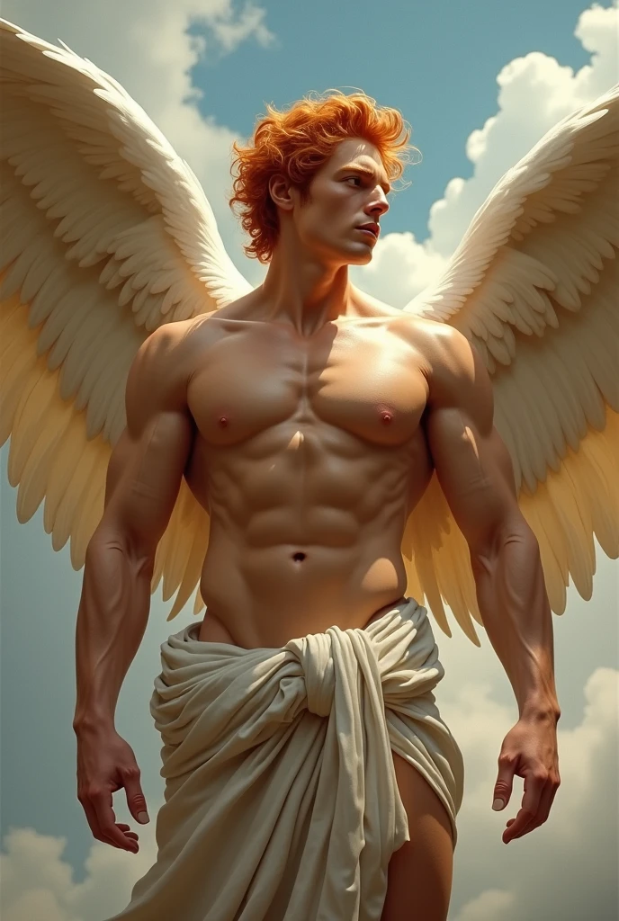 a painting of an angel man, with a beautiful face,((muscular man body, Sculptural body, strong,shapely and muscular legs)), ((red haired angel)), ((with several huge wings)), ((Angel wings)), Various positions, Full body man, Frank Kelly Freas, Estilo Karol Bak, Best Quality,32k ultra quality, parade paper quality, movie image,  Classic 8K