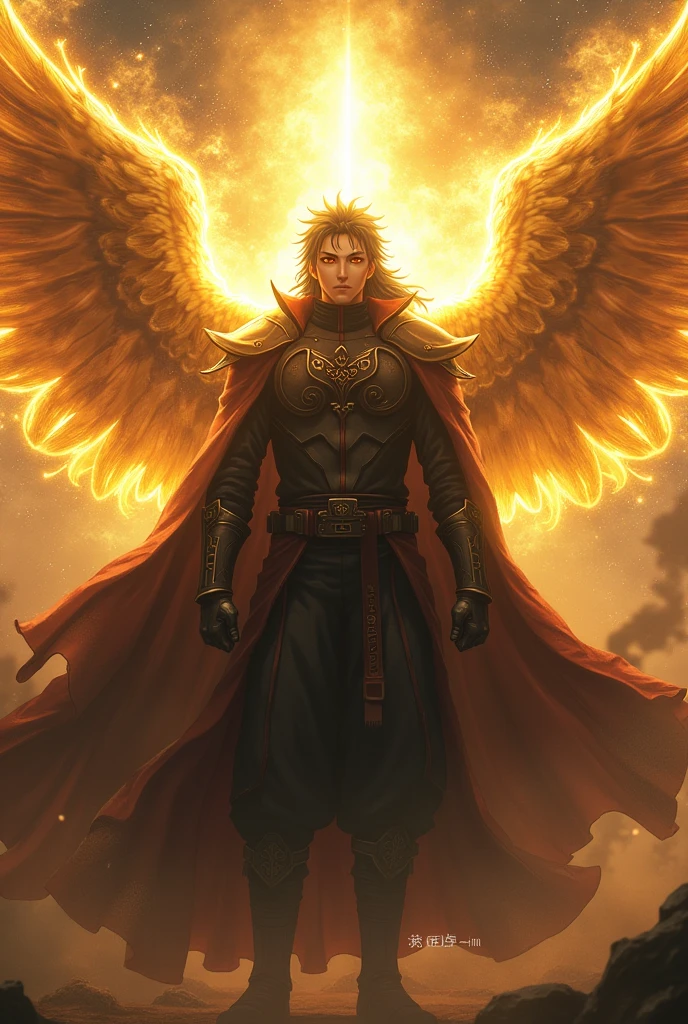 Madara Uchiha warrior with a golden aura and wings with Hebrew letters on them