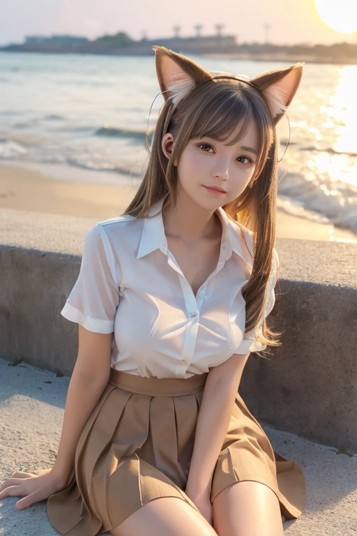 1 perfect portrait of a girl, (Light brown middle hair), brown eyes,(Cat ears:1.3), white open shirt, Pleated skirt, Sitting in sundown seashore, (Plump breast:1.3) 