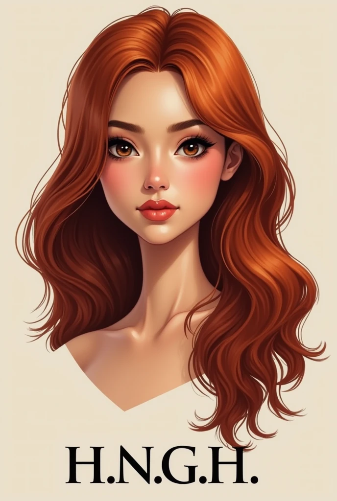 A logo of a 19 year old redhead brunette girl, pretty eyebrows, straight teeth, thinner lips, long nails, brown skin, dark black eyes,with black eyeliner, not so thin but not fat either, VERY long hair that has initials below, estas iniciales h.n.g.h.