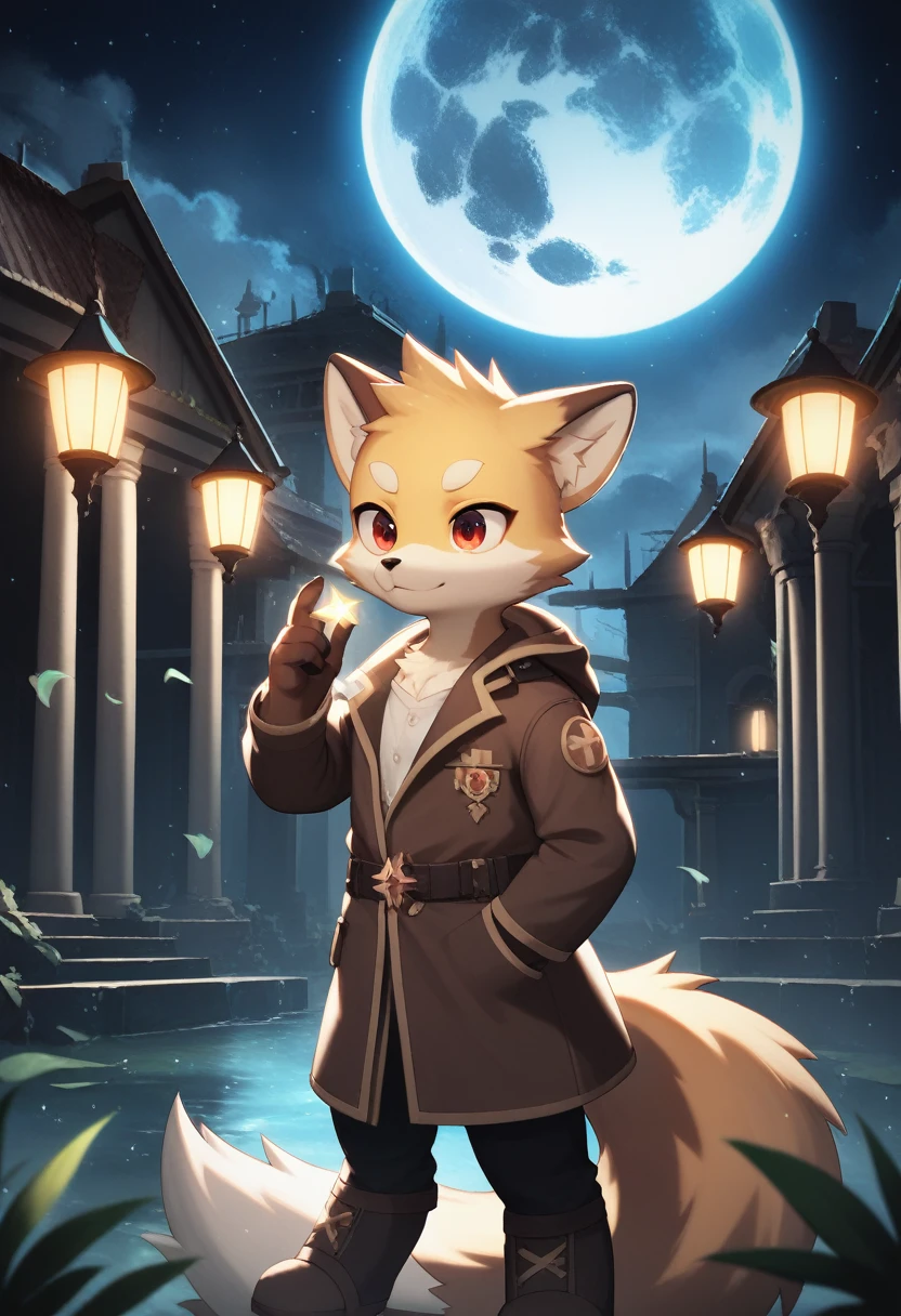 masterpiece, best quality, 4K,Ultra-delicate, Shota the fox, solo, Skin fur, Golden fur, Golden yellow face fur, Red eyes, Brown elements on fur, Brown coat brown hood up, Beautiful lights and shadows, Ambient light, Ultra-fine fur, natural lighting, Fluffy tail, Dilapidated building, Plant elements in ruins, Night, starry sky, Shiny hair(moon full, meteors)Star cloud, Warm light source, Rained, wet clothes(overcast sky, Standing downpour)Extra-long sleeves, Purple and orange, Complicated details, Volumetric lighting, Dynamic configuration, luminous lighting, Atmospheric lighting, dream magical, magic, Glowing light,