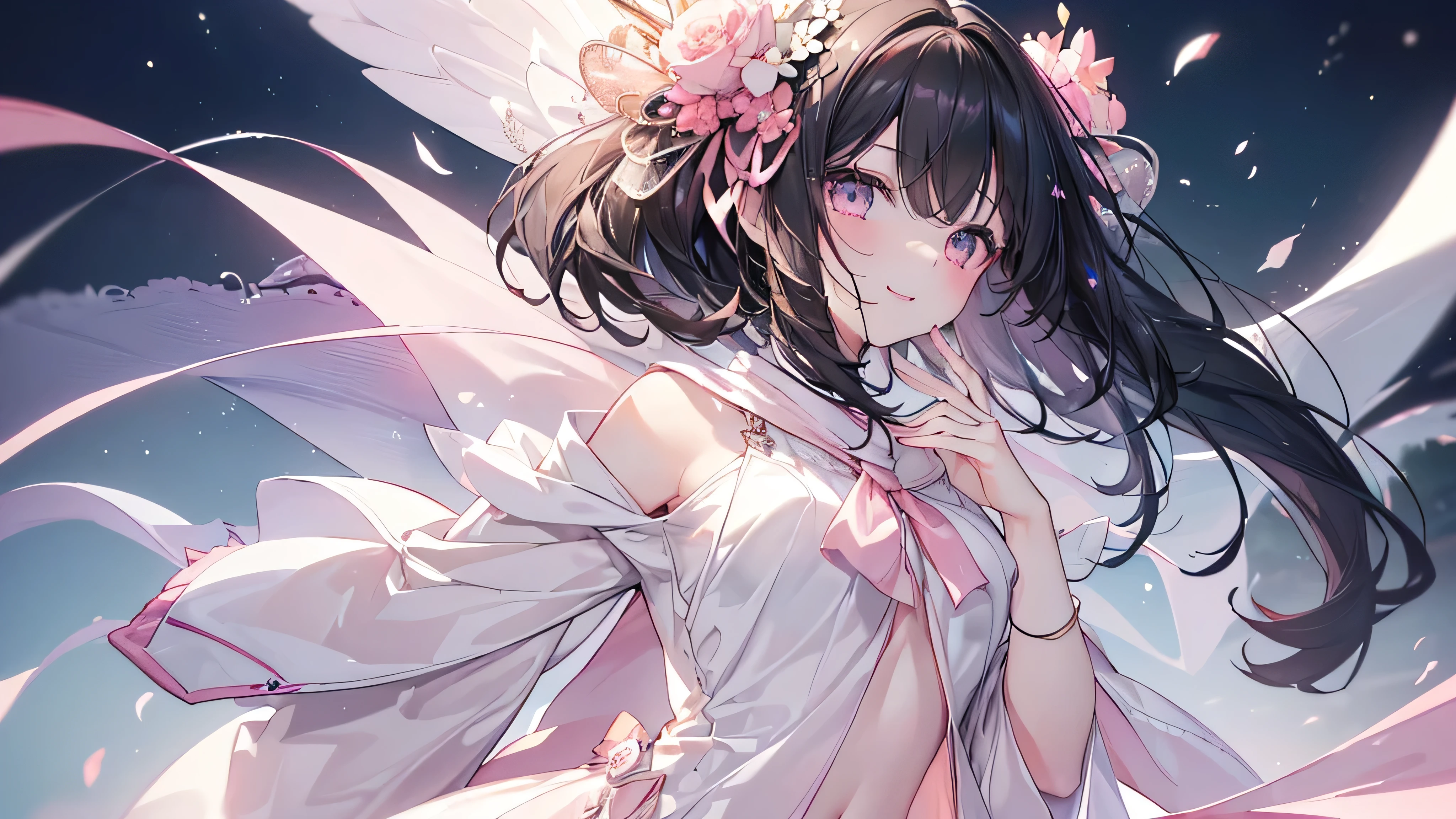 (Great impact,profile,), ((Beautiful eyes,Highest qualityの目)), (((The best smile,Angle from the right,Black Hair,))), (((Highest quality、masterpiece、Ultra-fine、Ultra-fine、Exquisite、16K、Full HD,high school girl))) 、Long eyelashes、White skin、(thin and long)、 ((cute)) ((One person), (epic proportion,、(Pale pink lips、Pale pink cheeks、thin and long)、Dynamic lighting,(Day々On nights when you're crushed by the stress of life and you can't tell anyone, it's okay to scream in this place, let the voice of your heart resonate.)