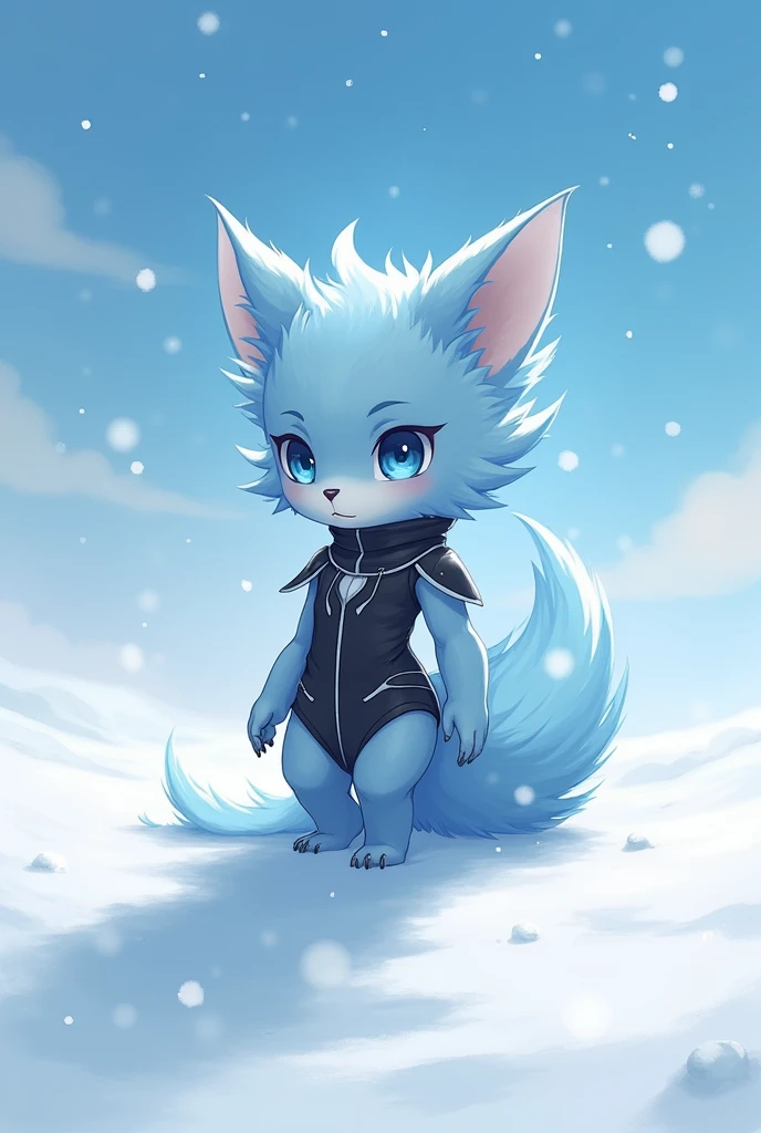 anime,Change ,Whole body, by the wide, blue fur, blue eyes, black and white clothes, small stature snowy place background