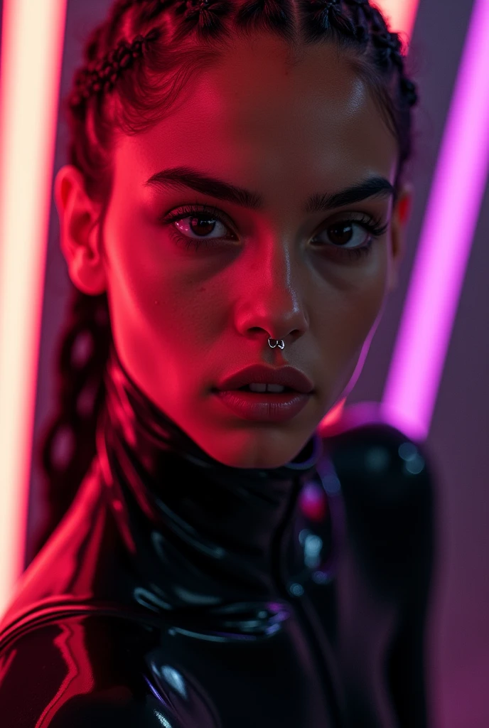 mixed race man, man, feminine looking man, no breasts, young, naked, braided hair, septum piercing, dimples, dominant expression, black latex bodysuit, neon lights, close-up, UHD, retina, masterpiece, accurate, anatomically correct, textured skin, super detail, high details, high quality, award winning, best quality, highres