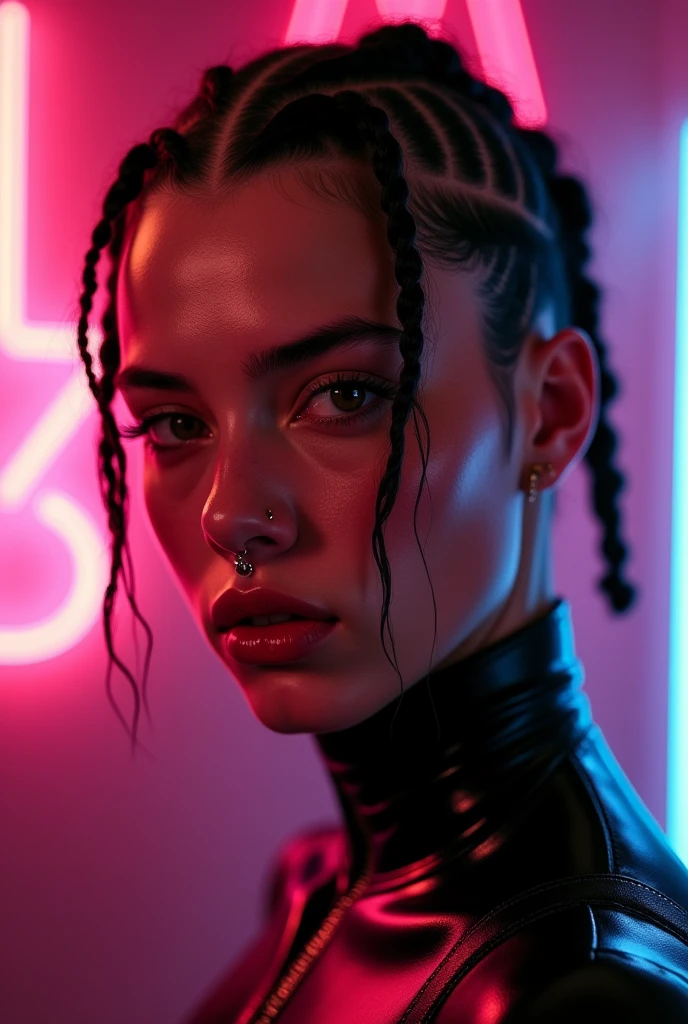 mixed race man, man, feminine looking man, no breasts, young, naked, braided hair, septum piercing, dimples, dominant expression, black latex bodysuit, neon lights, close-up, UHD, retina, masterpiece, accurate, anatomically correct, textured skin, super detail, high details, high quality, award winning, best quality, highres