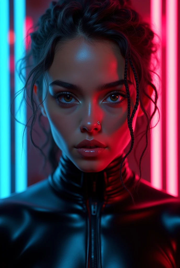 mixed race man, man, feminine looking man, no breasts, young, ?????, braided hair, septum piercing, dimples, dominant expression, black latex bodysuit, neon lights, close-up, UHD, retina, masterpiece, accurate, anatomically correct, textured skin, super detail, high details, high quality, award winning, best quality, highres