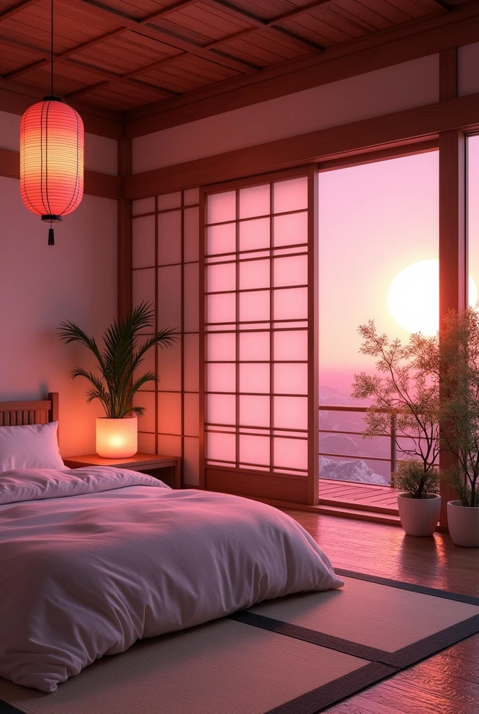 a beautiful detailed oriental style bedroom,pink neon lights,highly detailed,intricate decorations,soft lighting,warm colors,cozy atmosphere,minimalist design,wood furniture,tatami mat floor,shoji screens,hanging paper lanterns,potted plants,calming ambience,serene zen-like space,(best quality,8k,highres,masterpiece:1.2),ultra-detailed,(realistic,photorealistic,photo-realistic:1.37),award winning,stunning,breathtaking