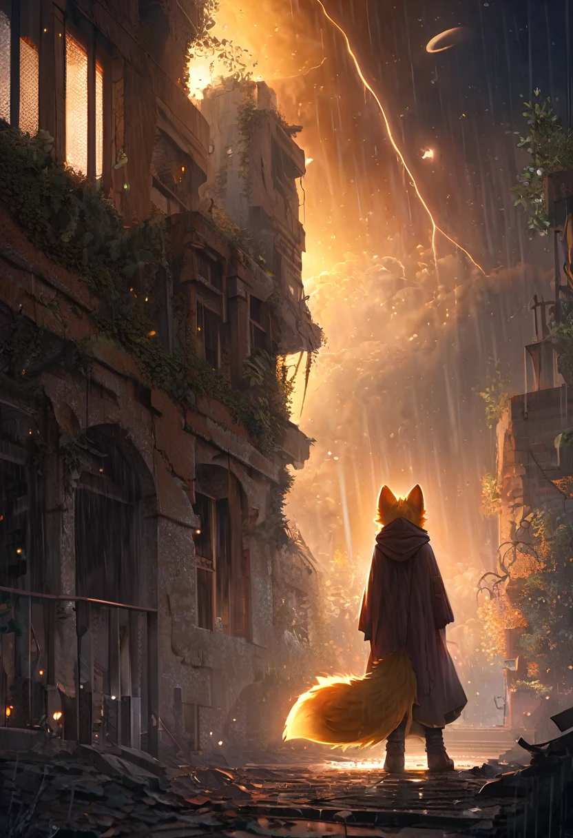 masterpiece, best quality, 4K,Ultra-delicate, Shota the fox, solo, Skin fur, Golden fur, Golden yellow face fur, Red eyes, Brown elements on fur, Brown coat brown hood up, Beautiful lights and shadows, Ambient light, Ultra-fine fur, natural lighting, Fluffy tail, Dilapidated building, Plant elements in ruins, Night, starry sky, Shiny hair(moon full, meteors)Star cloud, Warm light source, Rained, wet clothes(overcast sky, Standing downpour)Extra-long sleeves, Purple and orange, Complicated details, Volumetric lighting, Dynamic configuration, luminous lighting, Atmospheric lighting, dream magical, magic, Glowing light,