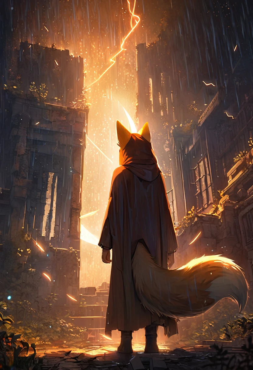 masterpiece, best quality, 4K,Ultra-delicate, Shota the fox, solo, Skin fur, Golden fur, Golden yellow face fur, Red eyes, Brown elements on fur, Brown coat brown hood up, Beautiful lights and shadows, Ambient light, Ultra-fine fur, natural lighting, Fluffy tail, Dilapidated building, Plant elements in ruins, Night, starry sky, Shiny hair(moon full, meteors)Star cloud, Warm light source, Rained, wet clothes(overcast sky, Standing downpour)Extra-long sleeves, Purple and orange, Complicated details, Volumetric lighting, Dynamic configuration, luminous lighting, Atmospheric lighting, dream magical, magic, Glowing light,