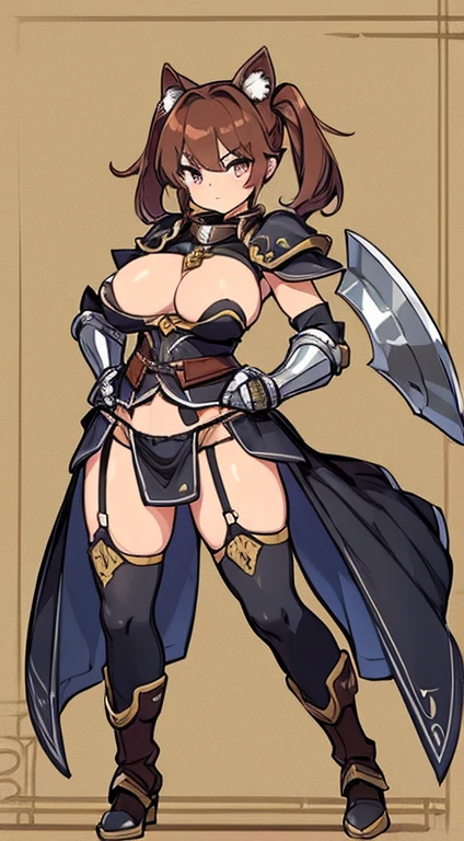 (((whole body:1.2))), (((Highest quality))) ,  woman, Reference Sheet, alone, 20years old, cute, 独奏, Swordsman, helmet, gladiator, breast plate, gloves, gauntlets, pussy, Big Breasts, ax, Big Axe, cat ears , Thigh height, Loin cloth only,  Medium Hair, Light reddish brown hair, parted bangs, 1girl,cute, garter belt, short boots, left hand on Hips, Twin tails, chainmail armor