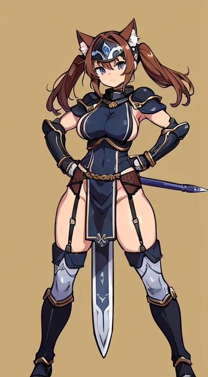 (((whole body:1.2))), (((Highest quality))) , woman, Reference Sheet, alone, 20years old, cute, 独奏, Swordsman, helmet, gladiator, breast plate, gloves, gauntlets, pussy, Big Breasts, ax, Big Axe, cat ears , Thigh height, Loin cloth only, Medium Hair, Light reddish brown hair, parted bangs, 1girl,cute, garter belt, short boots, left hand on Hips, Twin tails, chainmail armor
