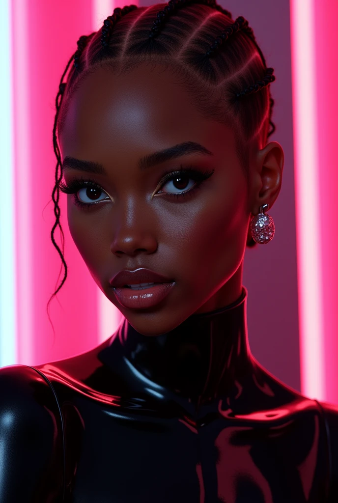 black man, man, feminine looking man, no breasts, young, naked, braided hair, septum piercing, dimples, dominant expression, black latex bodysuit, neon lights, close-up, UHD, retina, masterpiece, accurate, anatomically correct, textured skin, super detail, high details, high quality, award winning, best quality, highres