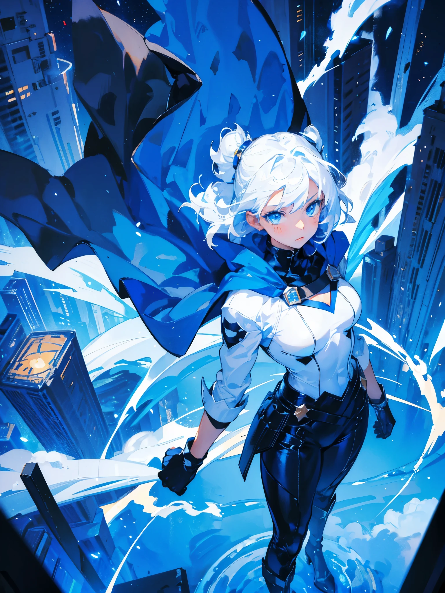 Hot girl, white hair, blue eyes, black super hero clothes, blue glove, blue cape, cat hears