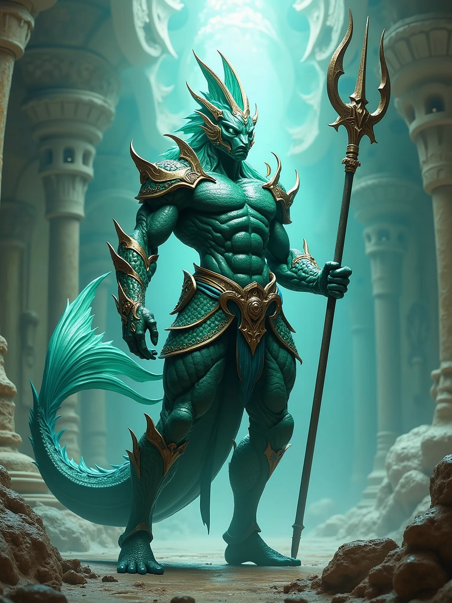 Fish man, aqua green armor, trident, biped, large fish tail, aquatic palace, intricate, 8k, very detailed, perfect, no mutations.