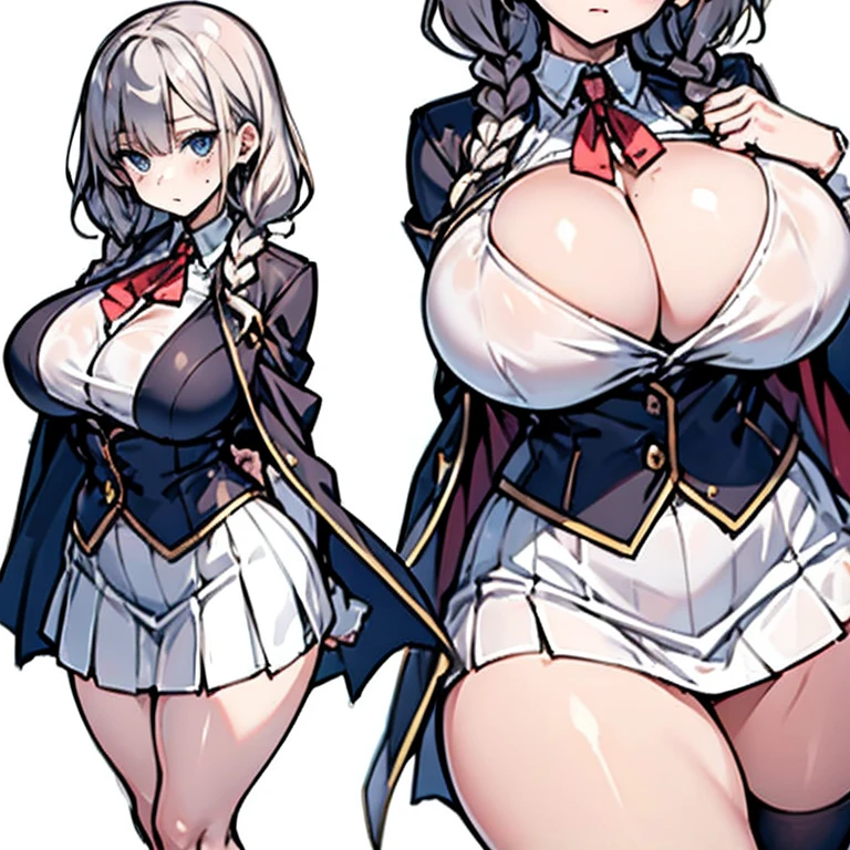 Anime Kawaii sexy Perfect Slim sensual body large breast and huge thighs, An intricate and highly detailed illustration of anime (Young girl) 1 girl, light hair, darker eyes, Solid eyes, blank stare, shorth hair, two braids, breasts big, school clothes, white collar, jaket, cape, overskirt, knee socks, no expression, no back ground, white background