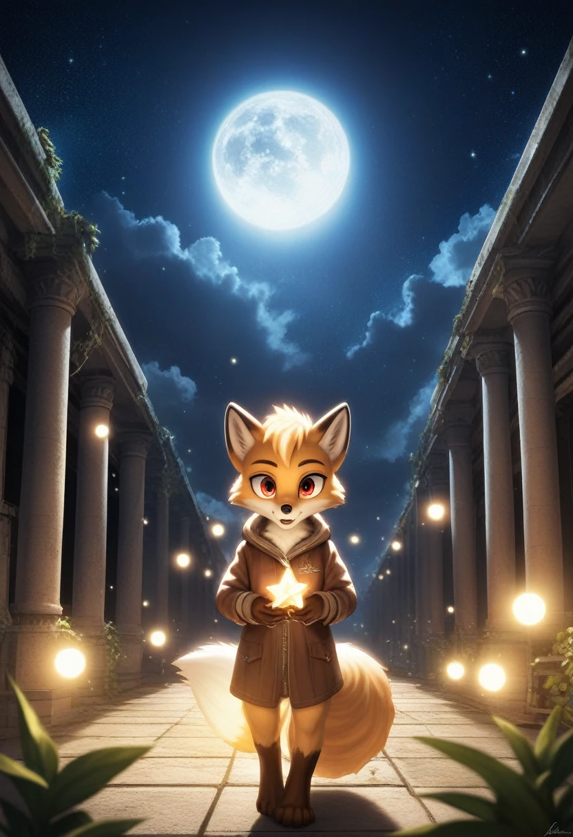 masterpiece, best quality, 4K,Ultra-delicate, Shota the fox, solo, Skin fur, Golden fur, Golden yellow face fur, Red eyes, Brown elements on fur, Brown coat brown hood up, Beautiful lights and shadows, Ambient light, Ultra-fine fur, natural lighting, Fluffy tail, Dilapidated building, Plant elements in ruins, Night, starry sky, Shiny hair(moon full, meteors)Star cloud, Warm light source, Rained, wet clothes(overcast sky, Standing downpour)Extra-long sleeves, Purple and orange, Complicated details, Volumetric lighting, Dynamic configuration, luminous lighting, Atmospheric lighting, dream magical, magic, Glowing light,