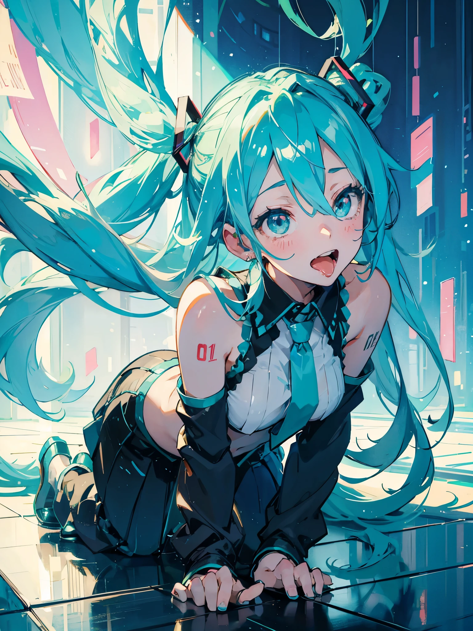 Hatsune miku, on all fours, big tits, showing the tongue, open mouth, sexy pose
