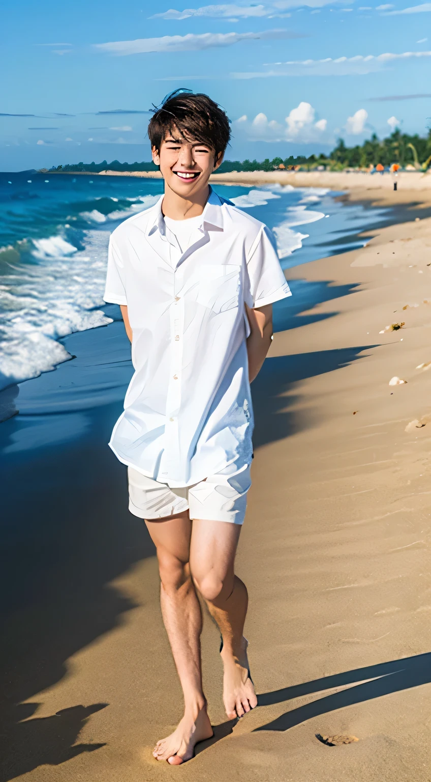 Best Quality, Ultra High Resolution, (Realistic:1.4), Masterpiece, Blurred Background ,Solo, full body, 1 Boy, Young , Standing, White Skin, Shirt, Posing, Facial Focus, Smile, Shut Up, (on the beach)