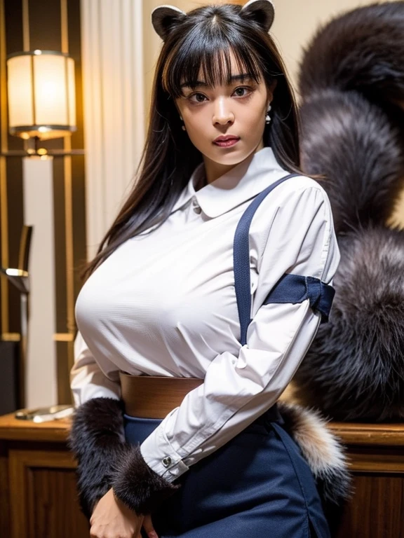 ((Highest quality, 8k)), ((masterpiece)), (Highest Resolution), Perfect Face, Raccoon-eared woman, Female college student, Beautiful woman, public, One tail, she has thick thighs, Big raccoon tail, She has a brown raccoon tail., She sticks out her tail, Embarrassed face, Fur collar, She is wearing a short skirt, Beautiful Hips , Big Breasts, The skirt is rolled up with a big tail