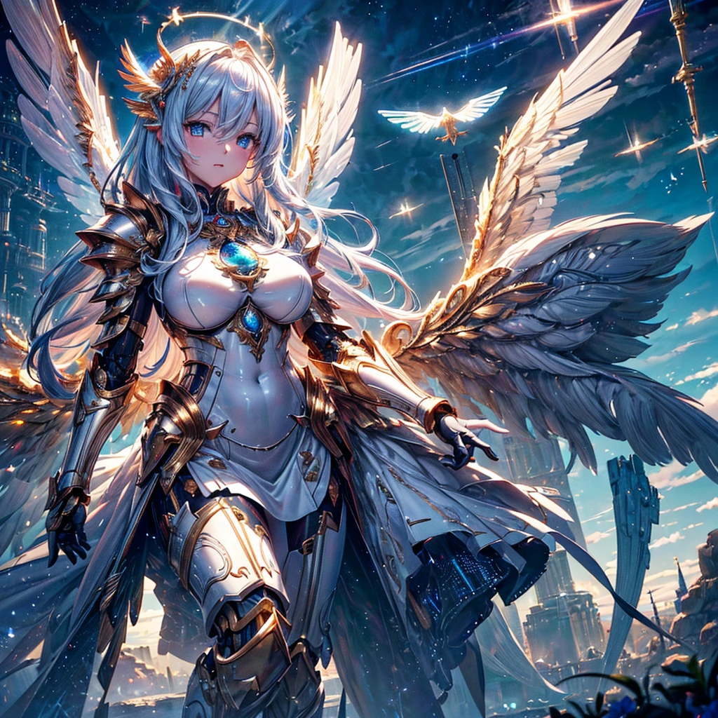 masterpiece, 8K wallpaper incorporating highly detailed CG, 8K Ultra HD, Digital SLR, high quality, clean, ((A goddess in white mechanical armor with large wings, godly aura, magic, fly in the sky)), Glowing Eyes, Cinema Lighting, 超High resolution, 超High resolution, High resolution,Huge golden halo