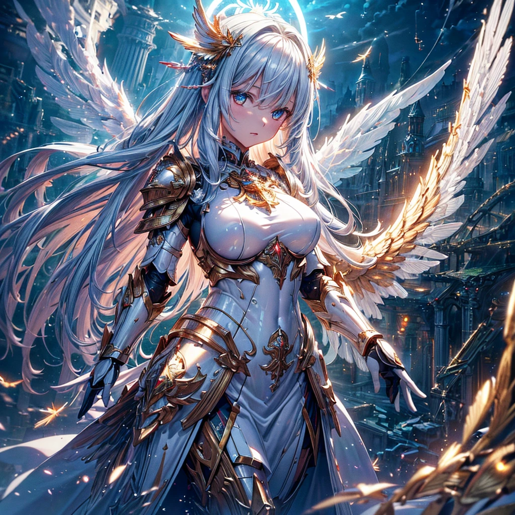 masterpiece, 8K wallpaper incorporating highly detailed CG, 8K Ultra HD, Digital SLR, high quality, clean, ((A goddess in white mechanical armor with large wings, godly aura, magic, fly in the sky)), Glowing Eyes, Cinema Lighting, 超High resolution, 超High resolution, High resolution,Huge golden halo