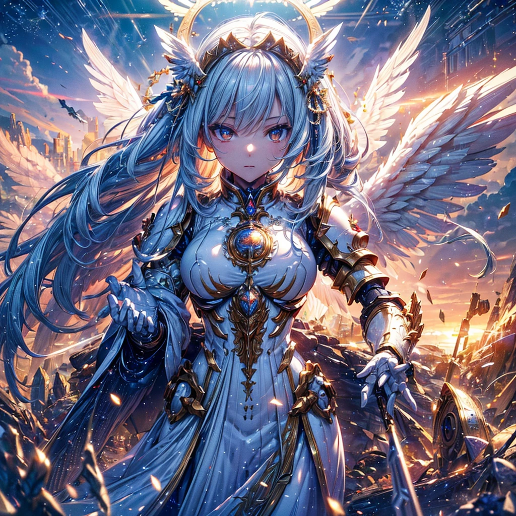 masterpiece, 8K wallpaper incorporating highly detailed CG, 8K Ultra HD, Digital SLR, high quality, clean, ((A goddess in white mechanical armor with large wings, godly aura, magic, fly in the sky)), Glowing Eyes, Cinema Lighting, 超High resolution, 超High resolution, High resolution,Huge golden halo