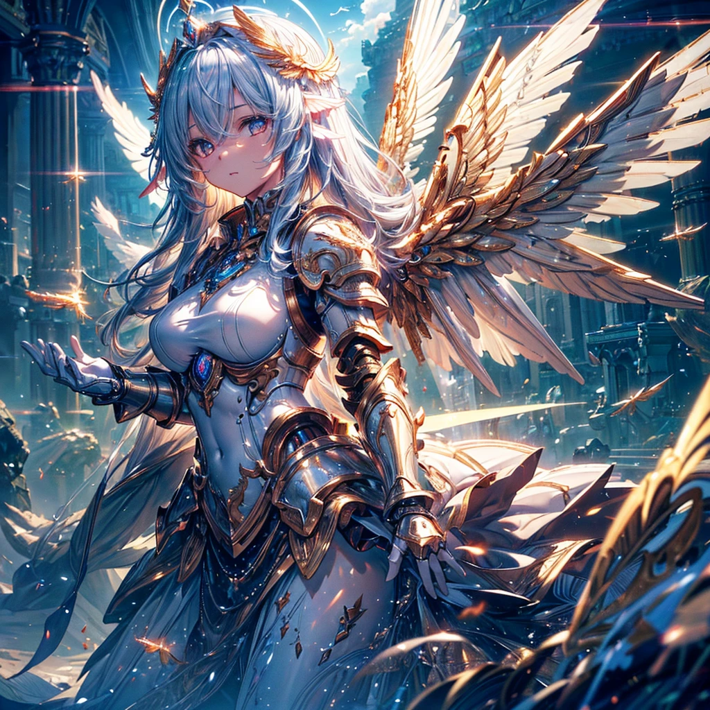 masterpiece, 8K wallpaper incorporating highly detailed CG, 8K Ultra HD, Digital SLR, high quality, clean, ((A goddess in white mechanical armor with large wings, godly aura, magic, fly in the sky)), Glowing Eyes, Cinema Lighting, 超High resolution, 超High resolution, High resolution,Huge golden halo