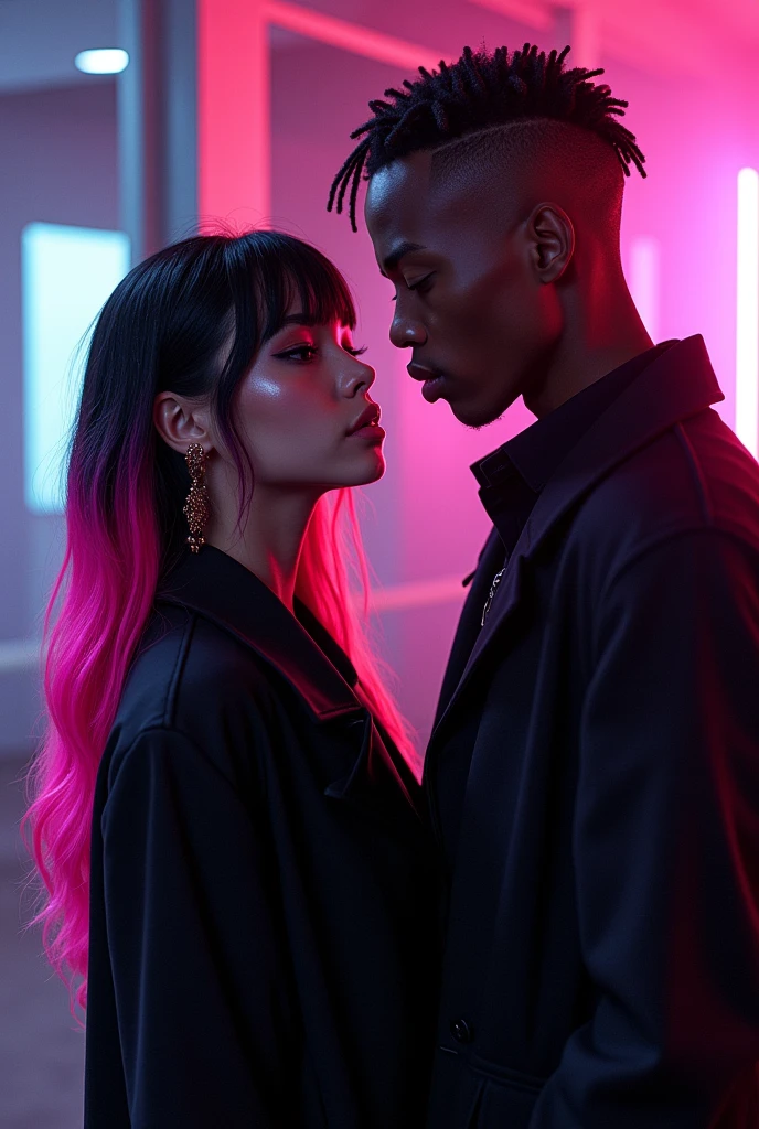 E-girl with a black coat, straight hair with pink bangs, a little red, with the rest of her hair black, and a dark-skinned man with short hair shaved on the side, with a thick cord, with a black blouse