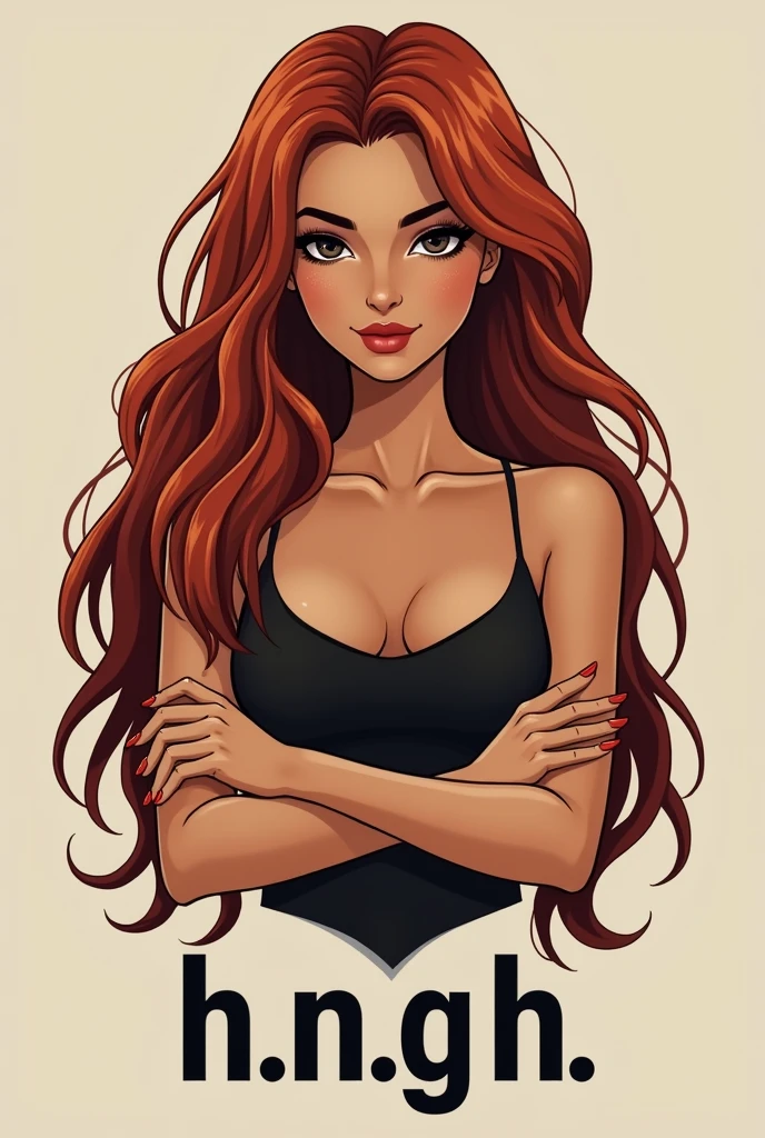  Long red hair girl logo, very dark brown eyes, brown skin, small breasts, Round face, Red cheeks, animal prince strappy blouse, Crossed arms, abajo que diga h.n.g.h. LOgO