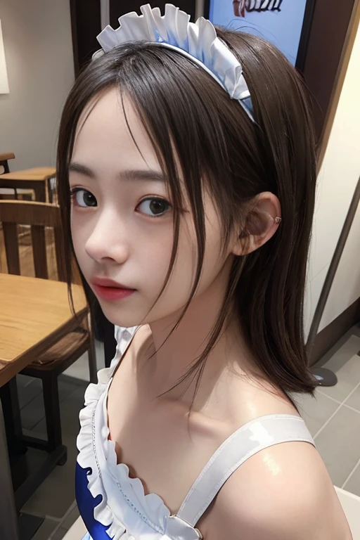 超A high resolution、masterpiece、top-quality、
extra detailed face、A detailed eye、Very complex and、perfect glossy shiny skins、Perfect litthing、Detailed Lighting、Dramatic shadows、Ray Tracing、
1 girl in、The upper part of the body、maid costume,Akiba maid caffe, looking at the viewers、