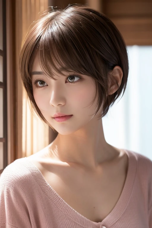 高品質in超リアルなポートレート。彼女は小さく繊細な顔立ちin、I have a slightly rounded face shape。Her expressive almond-shaped eyes have a gentle and warm gaze.、I have strong eyebrows。肌は無垢in透き通るような白さin、It has a natural shine。(Her hair is brown and pixie cut.:1.3)in、シンプルinエレガントに整えられています。メイクはナチュラルin、A light foundation and subtle blush、Uses a soft pink lip color。ライティングはソフトin自然な光を使用し、Accentuating facial features、Does not emphasize shadows。背景はシンプルinぼかしたグラデーションin、Focus on the face。