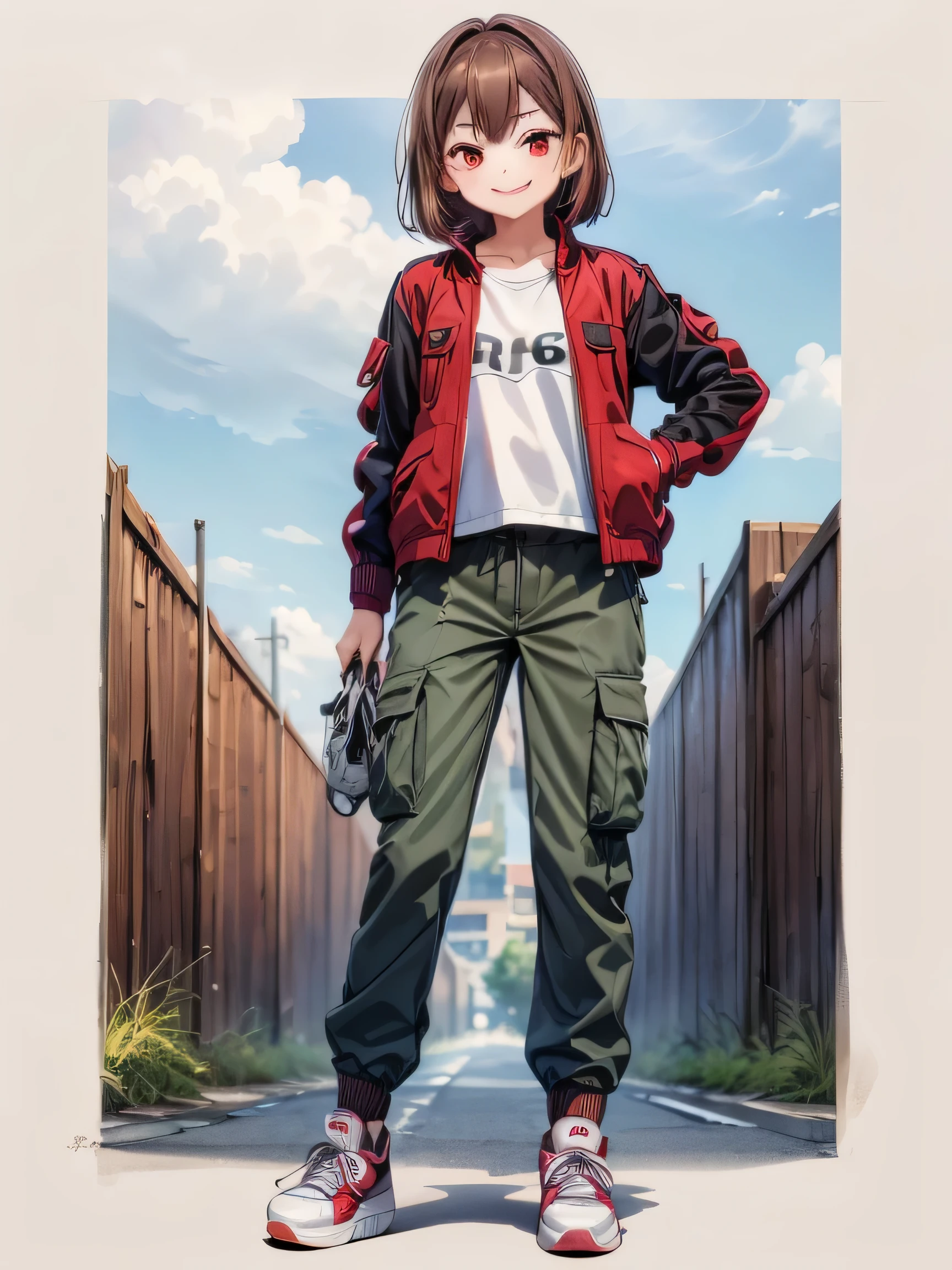 (((One girl、Highest quality、8k、masterpiece：1.5)))、((Brown Hair、Red eyes、smug face、************))、((Jacket、cargo pants、sneakers))、((Perfect Anatomy))、White background、Cowboy Shot