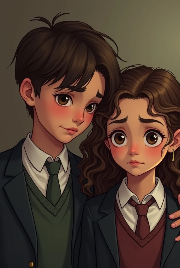 create an image of a boy with straight brown hair, brown eyes, like the boy from Chiquititas, and a girl with curly brown hair, of average height, dark eyes and light brown skin. They are 11 years old and must be crying, and the boy also has a boarding school uniform. 

