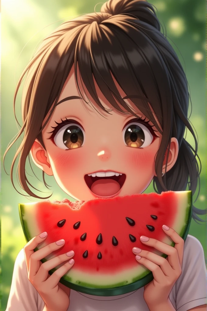 Photorealistic、（whole body、smile、hairpin、A hairstyle that reveals a large forehead、A hairstyle parted in the middle、Sweat）、I have a watermelon slice cushion.