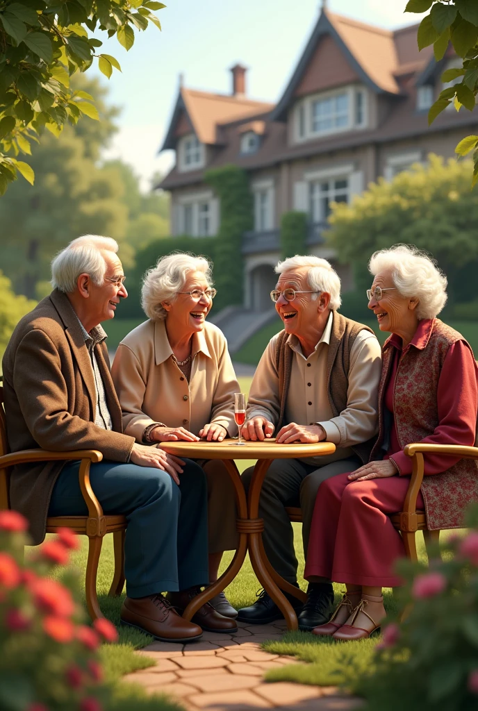 I want realistic four characters in one frame setting in the garden two old mans and two old womens and face expression is happy like laughing for each other and background is luxury house