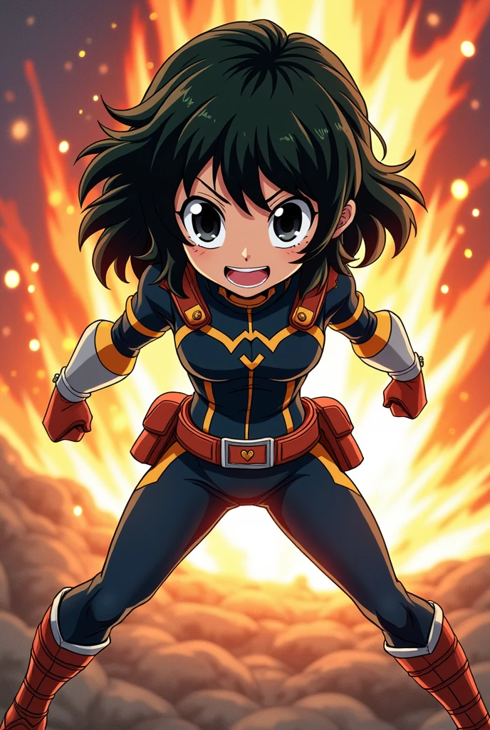 Screenshot in Boku no hero style. Girl of medium build, Wavy black hair with two strands in front, big black eyes and long tines, with thick lips, smiling in battle pose with hero costume 