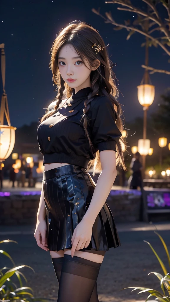 ulzzang-6500-v1.1, (RAW photo: 1.2), (Real photo), (Real photo: 1.4), 1 girl、Perfect anatomy、20 years old、Looking at the camera、Medium length hair、side braids, uniform short skirt, in a surreal royal garden, with many hanging lanterns, under the starry night sky, ((starry night: 1.1))、(Surreal tights: 1.2), (Business service)、Asian eyes Ella,
